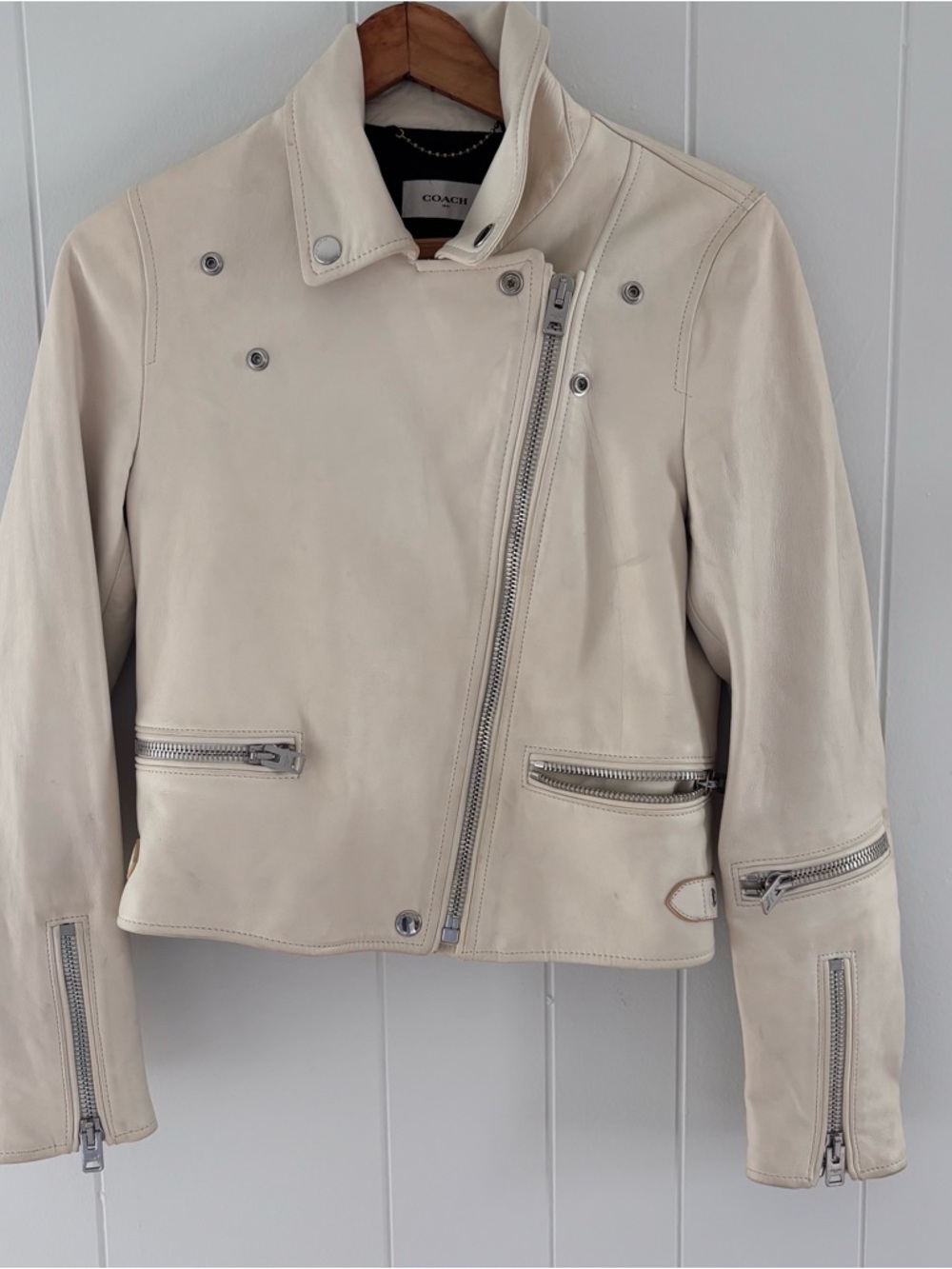Coach Cream Leather Asymmetrical Moto Jacket with Silver Hardware size 2